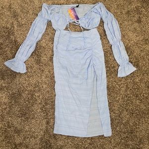 Knot Front Tie Sleeve Top & Spilt Thigh Skirt Set